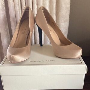 BCBGMaxAzria Blush Satin Platform Pump with Black Heel